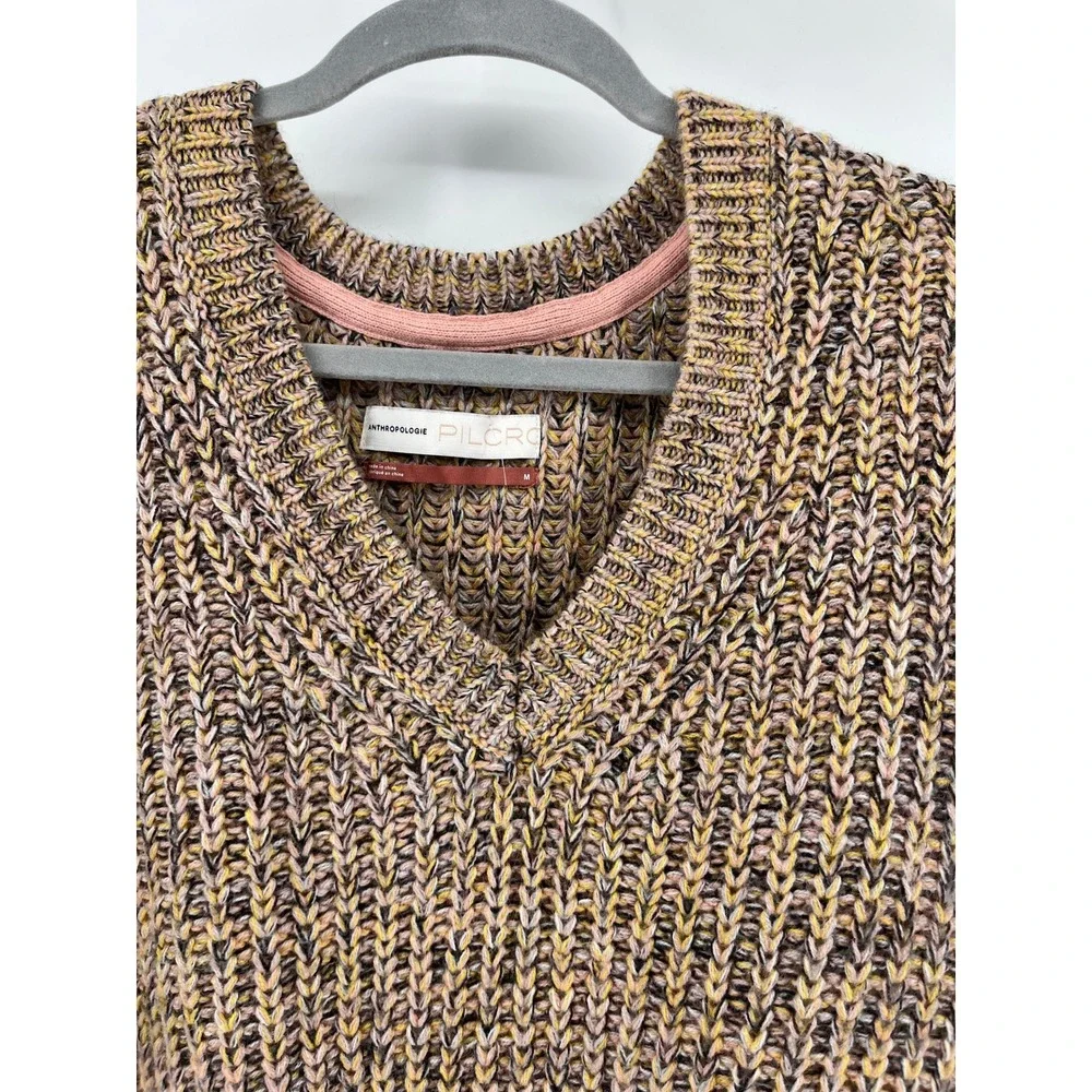Anthropologie‎ Pilcro Marled Chunky V-Neck wool mix Knit Sweater Size M brown